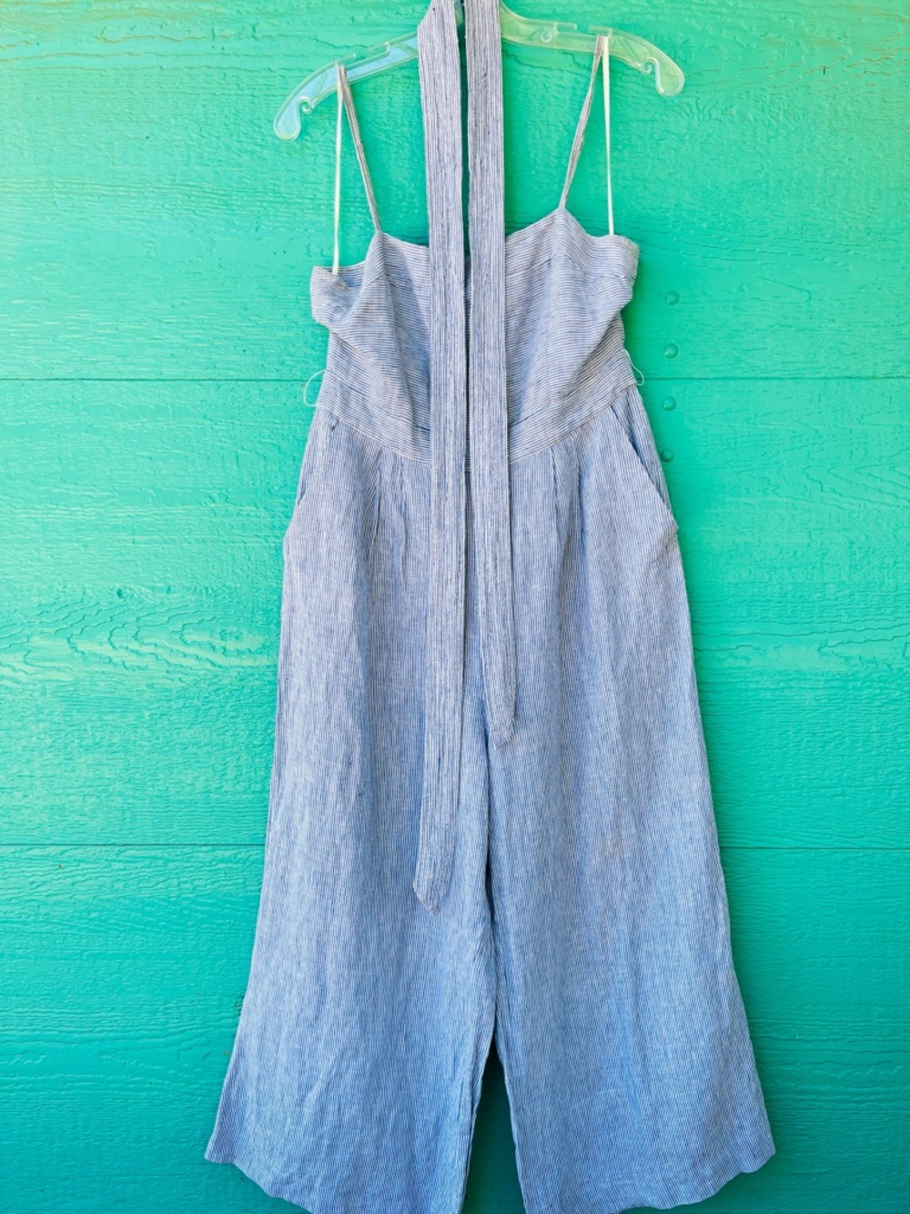 J.Crew Spaghetti Strap Jumpsuit in Blue Striped Beauchamps Linen SIZE 6 - Picture 5 of 10